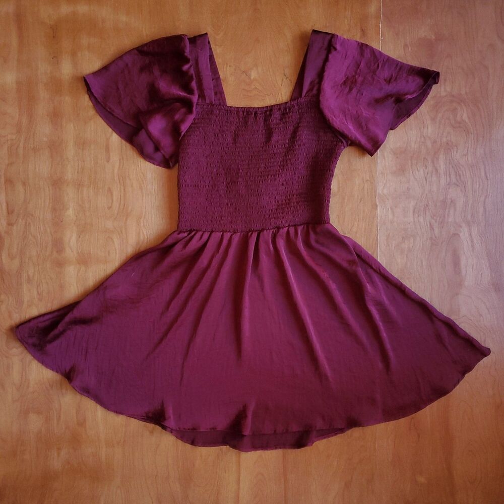 Angie Satin Mini Dress M Burgundy Smocked Angel Sleeve Whimsigoth Fairy Grunge - Picture 3 of 11